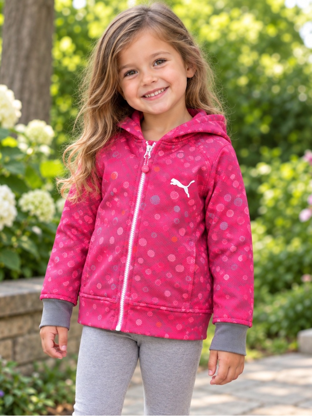 Puma Girls Pink Polka Dot Full Zip Hoodie Jacket | Size 4